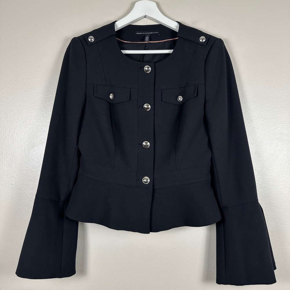 White House Black Market Women's 4 Jacket Black Military Peplum Bell Sleeve